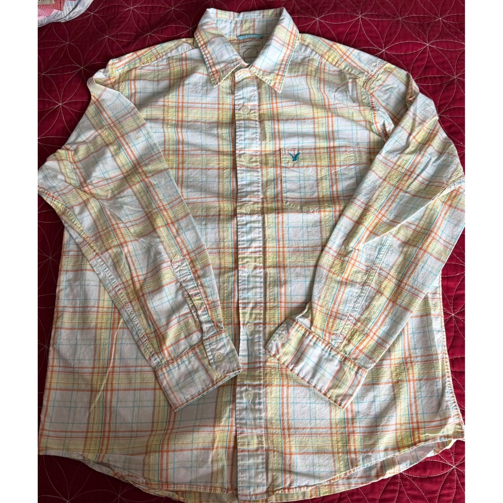 American Eagle Mens Plaid Button Down Shirt Orange Yellow Blue Cotton Large L/G